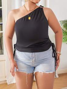 Calvaya 夏季大碼純色側拉繩不對稱領口背心 - 黑色 - 查看 4