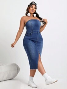 CovetEZ 大尺碼水洗分裂前無肩帶牛仔裙 - 藍色 - 查看 1