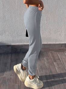 EURMUSE Quần bó sát túi xéo có dây rút - Xám - Xem 4