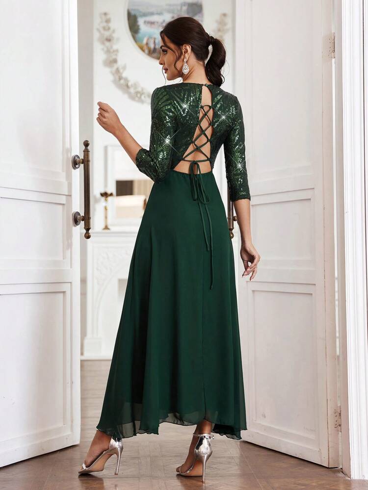 Sequined Crossed Straps Open Back Bridesmaid Dress