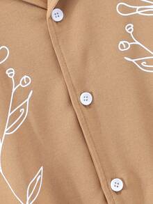十幾歲男孩的花卉印花短袖立領襯衫 - 棕色 - 查看 3