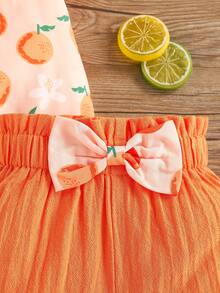 Conjunto de body y pantalones cortos con volantes y estampado de naranjas para niña bebé, ideal para primavera y verano. - Naranja - Ver 3