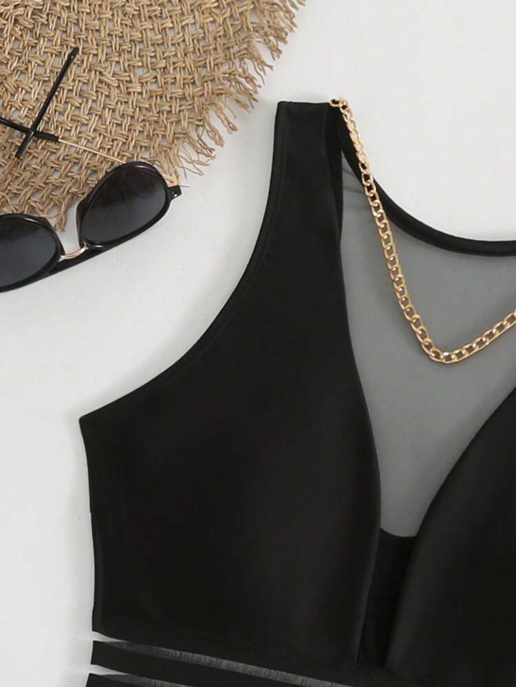 One-Piece Mesh Contrast Swimwear With Round Neck Summer