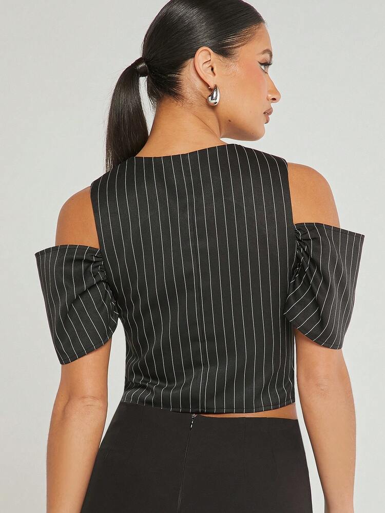Casual Pinstripe Cold Shoulder Button Front Crop Top