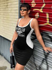 SHEIN SXY 彩色分塊緊身連衣裙,車輛與字母印花設計 - 黑色 - 查看 5