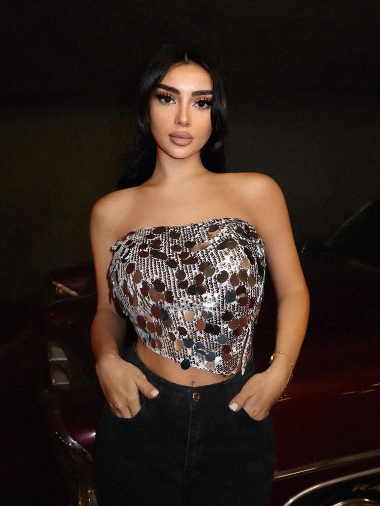Women's Tube Top With Slight Side Slit And Silver Sequin Decoration