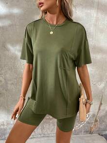 SHEIN LUNE 女士實色圓領垂肩短袖上衣和短褲套裝 - 軍綠色 - 查看 4