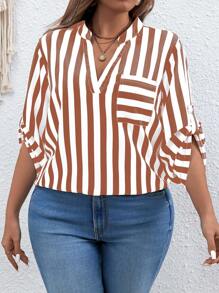 Calvaya Plus Size Summer Striped Patch Pocket Blouse With Notched Collar - Multicolor - View 5