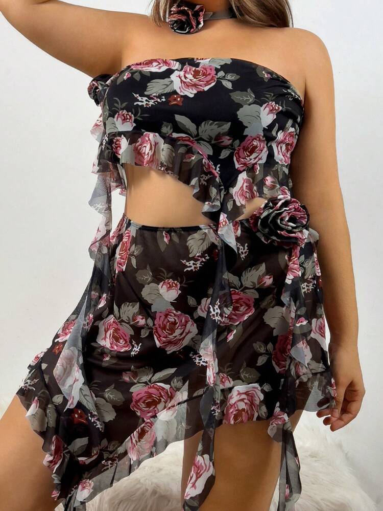 Plus Size Flower Pattern Printed Sexy Lingerie 4pcs/Set