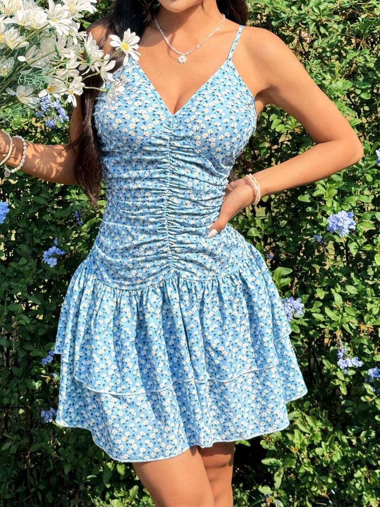 Flower Print Ruffle Hem Pleated Cami Dress