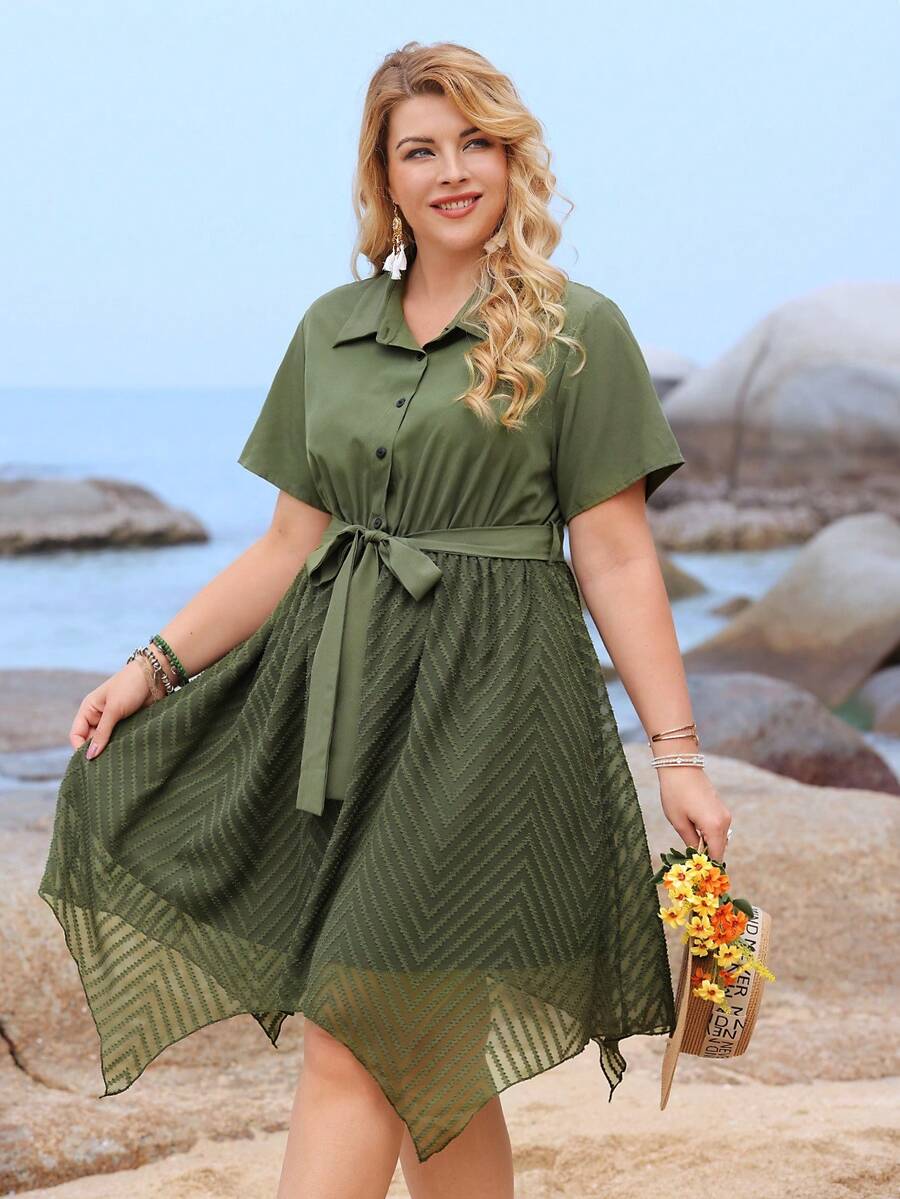 EMERY ROSE 大码网眼撞色纽扣门襟短袖连衣裙 - 軍綠色 - 查看 1