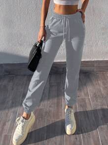 EURMUSE Quần bó sát túi xéo có dây rút - Xám - Xem 3