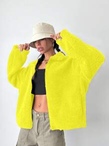 SHEIN Cottnline Women's Solid Color Drop Shoulder Fluffy Jacket - Yellow - View 5