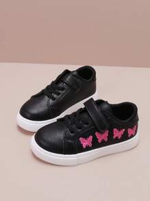 Girls' Sports Shoes, Pink Butterfly Embroidered Black Flat Casual Shoes - Black - View 3