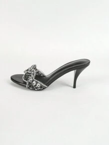 Zapatos de tacón alto para mujer, diseño cómodo de punta redonda, decoración de cristales transparentes y brillantes, adecuados para fiestas y reuniones, sandalias de mujer para San Valentín, tacones de gatito - Negro - Ver 3