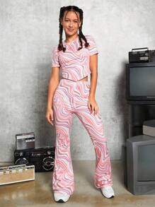 SHEIN Leap Crew Teen Girls' Short Sleeve T-Shirt And Flared Pants Knit Set In Wavy Pattern - Multicolor - View 4