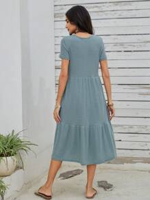 EMERY ROSE Knitted Kleid Mit Rüschensaum, Knopfleiste Und Rundhalsausschnitt In Einfarbigem Design Für Frauen - Grün - Übersicht 2