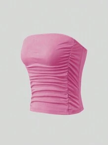 SHEIN Unity Women's Solid Colored Strapless Top With Ruched Detail On Both Sides Of Waist - Pink - View 5