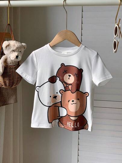 SHEIN Young Boy 1pc Cute Fun Cartoon Bear Printed Round Neck Short Sleeve T-Shirt, Lightweight, Breathable, Comfortable, Versatile For Summer