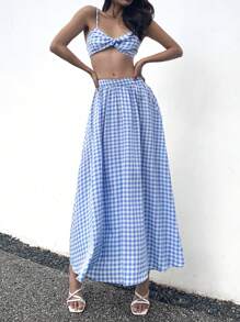 SHEIN Unity Xoắn Chi tiết Rô Mô hình Cắt chóp Cami Và Váy vui tươi Kỳ nghỉ 2 Miếng - Màu xanh lam - Xem 5