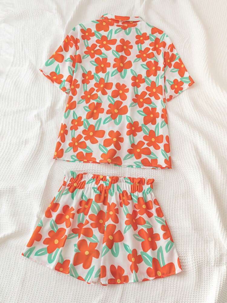 Soleia Flower Print Short Sleeve Shirt And Shorts Vacation Style Set - Multicolor - View 2