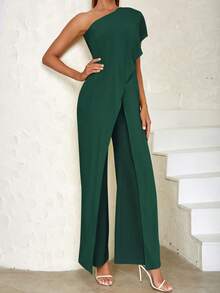 Asymmetrical Shoulder Sexy Simple Patchwork Wide-Leg Jumpsuit - Dark Green - View 6
