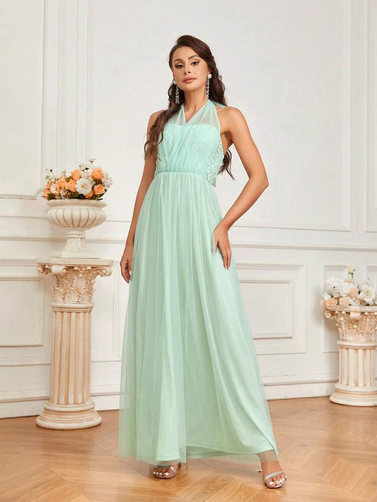 Wonem's Romantic Flowing Dress Hem Saint Patrick Day Clover Shamrock Light Green Color Lace And Mesh Contrast Halter Neck With Ribbon Bow Detail Detachable Multi-Wear Garment Bridesmaid Dress (Adult)