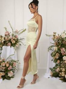 L'Amorae Lace Panel Satin Split Thigh Dress - Beige - View 3