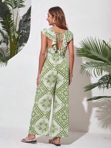 GENKIRA Printed Deep V-Neck Jumpsuit With Ruffled Hem On Neckline And Wide Leg - Green - View 1