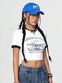 SHEIN Coolane Viền tương phản In chữ cái và ô tô Áo thun - trắng - Xem 4