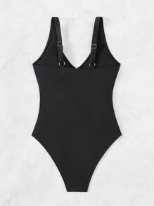 SHEIN Swim 女士純色襯褶連體泳衣,適用於夏季、海灘、假期、旅遊、節日、游泳池、衝浪 - 黑色 - 查看 5