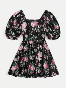 SHEIN VCAY 花卉印花甜心領泡袖夏季女士沙灘裙 - 彩色 - 查看 3