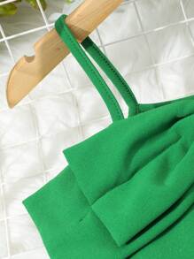 SHEIN Tween Girls' Solid Color Cami Top & Skort 2pcs Outfit With Bowknot - Green - View 4