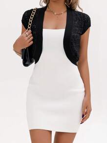 AAmilife 女士纯色镂空轻薄短袖无袖开衫 - 黑色 - 查看 1