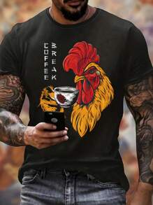 Men's Rooster And Letter Printed Short Sleeve T-Shirt - Black - View 1
