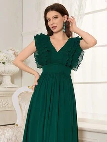 Ladies' Solid Color Ruffle Hem Slit Bridesmaid Dress - Green - View 4