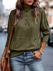 SHEIN LUNE Half Button Drop Shoulder Kangaroo Pocket Sweatshirt - Army Green - View 4
