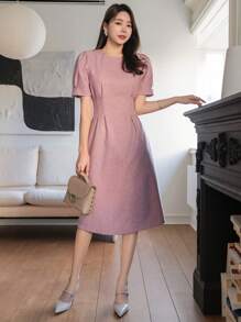 DAZY Vestido de verano de mujer de manga abultada con cuello redondo y unicolor - Rosa - Ver 6