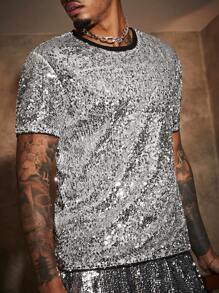Manfinity VCAY Men's Glitter Contrast Color Round Neck Short Sleeve T-Shirt - Silver - View 4