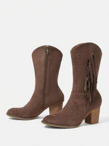 Women's Mid-Calf Tassel Brown Boots With Heel - Brown - View 3