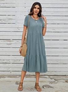 EMERY ROSE Knitted Kleid Mit Rüschensaum, Knopfleiste Und Rundhalsausschnitt In Einfarbigem Design Für Frauen - Grün - Übersicht 6