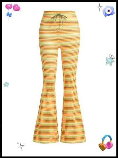 SHEINNeu 多巴胺彩色條紋印花拖地喇叭褲,夏季褲子演唱會服裝