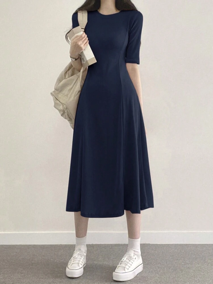 Solid Color Casual A-Line Dress With Round Neck Sundress Maxi Dress