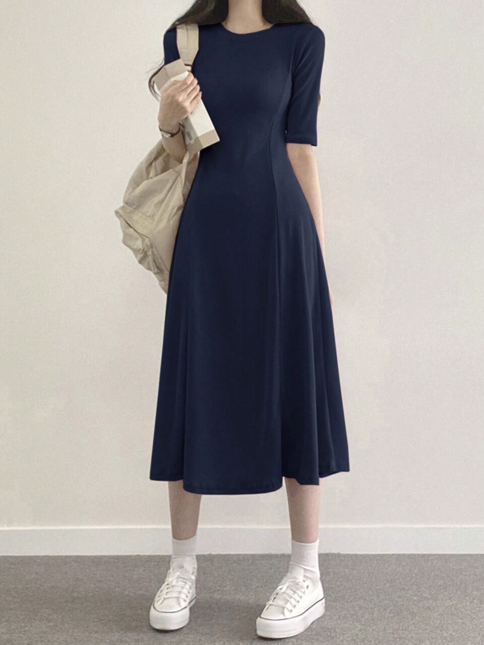 Solid Color Casual A-Line Dress With Round Neck Sundress Maxi Dress