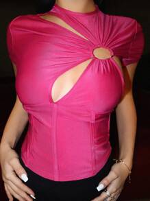 Zolique Của phụ nữ Vòng cổ Xu hướng: Cắt giảm Ngắn tay Áo thun - Màu Hồng Tươi - Xem 3