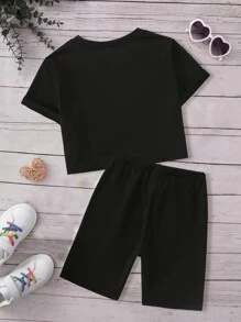 SHEIN Ensemble T-shirt À Manches Courtes Imprimé Pour Filles Tween Avec Slogan Et Short De Cyclisme