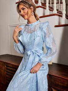 Simplee Women's Jacquard Sleeveless Dress With Ruffle Hem Decoration - Blue - View 4