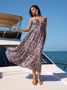 Anewsta Vestido Con Tirantes Finos Sin Espalda Y Estampado De Plantas Para Mujer - Multicolor - Ver 3
