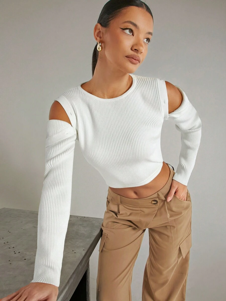Hauture Detachable Sleeve Button Ribbed Top - White - View 1