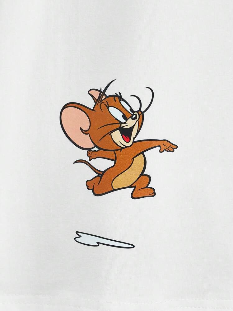 TOM & JERRY X SHEIN 補間女孩卡通和字母圖案 T 卹 - 白色 - 查看 5